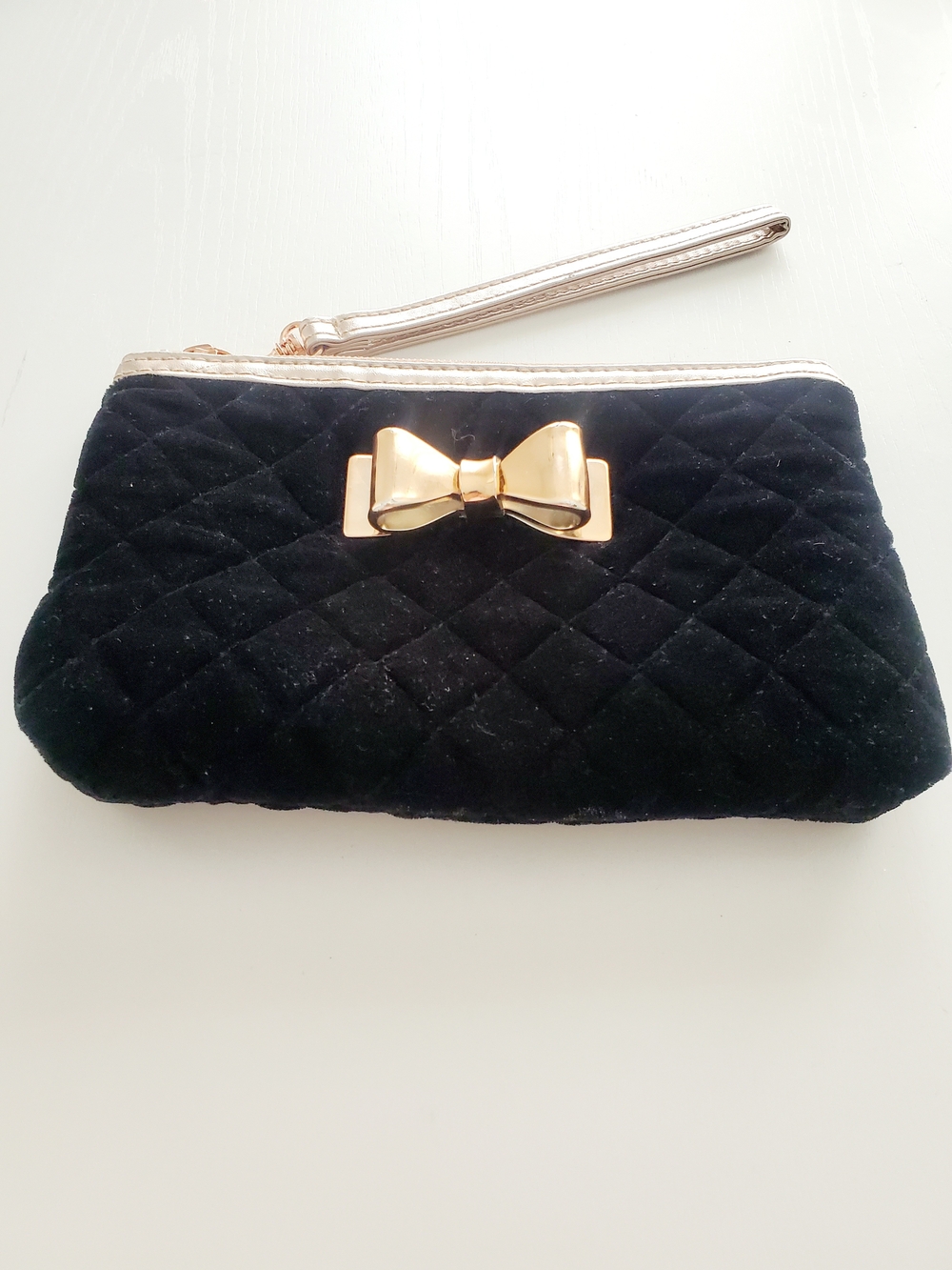 Quilted Black Wristlet Cosmetic Pouch with Gold Bow Accent